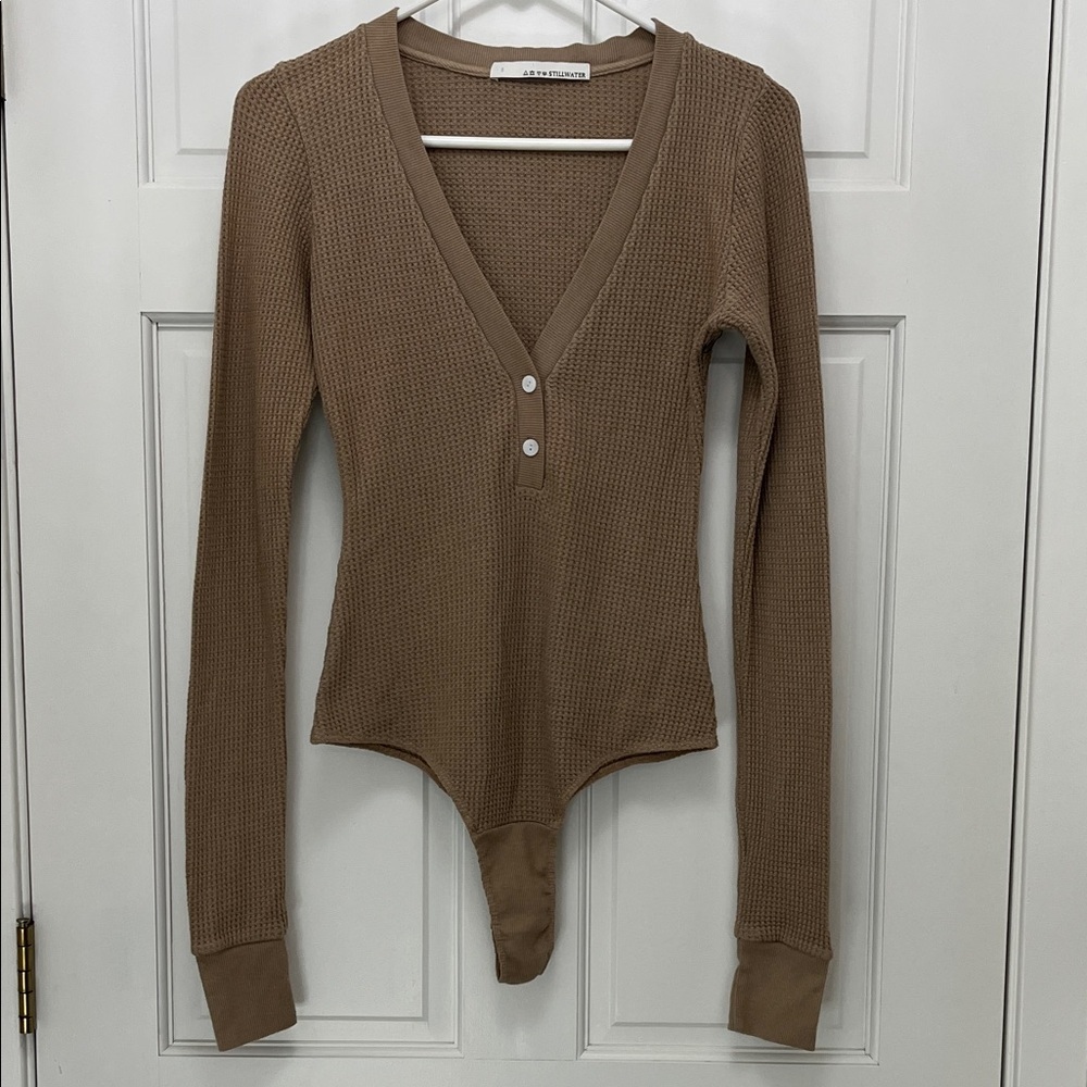 stillwater Warm Up Bodysuit in a Light Brown Waffle Knit Fabric - Size Small